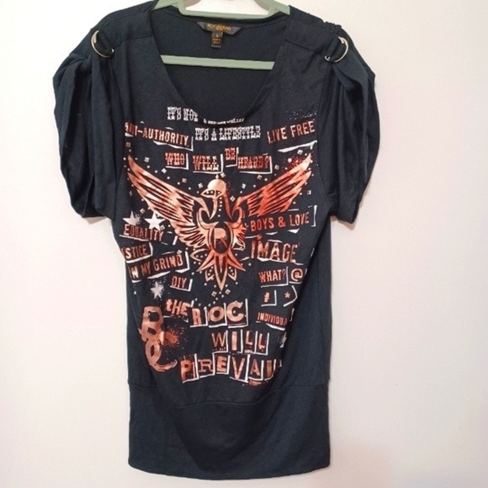 Rocawear Dress Shirt Tunic Top Metallic Graphic Silver Accents Large